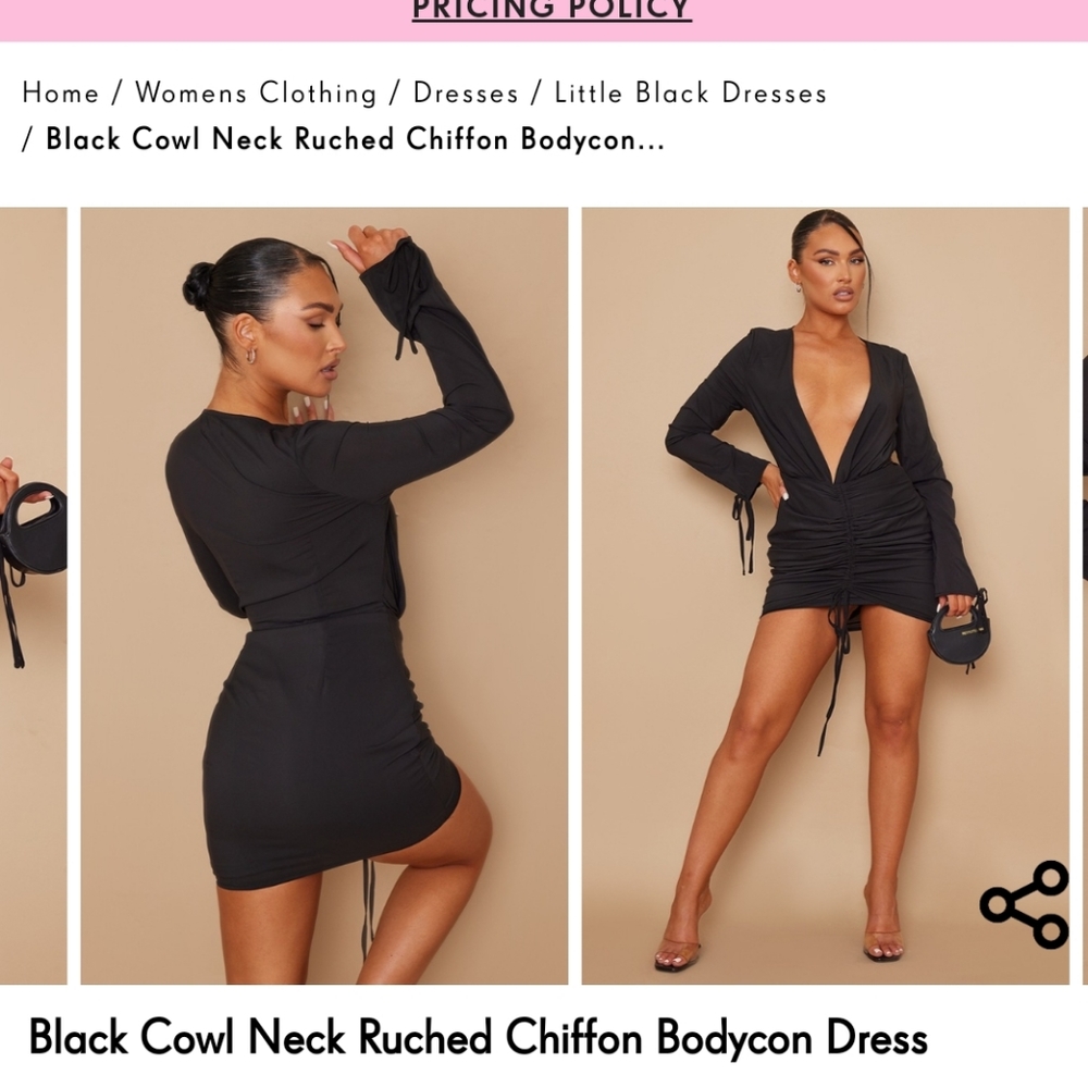 Black Cowl Neck Ruched Chiffon Bodycon Dress sz USA 6 UK 10 EU38